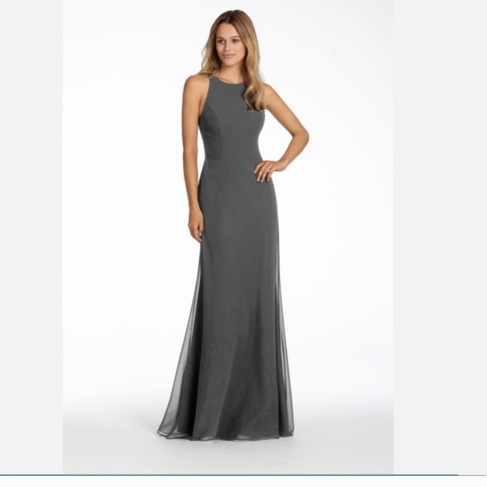 Hayley Paige Occasions Bridesmaid maxi Dress 5714 Gunmetal Gray long chiffon 2
